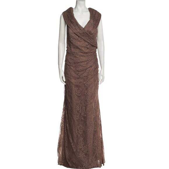 La Femme Portrait Neck Embellished Lace Linen Trumpet Evening Gown Cocoa Sz 18 - Picture 1 of 7